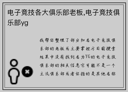 电子竞技各大俱乐部老板,电子竞技俱乐部yg